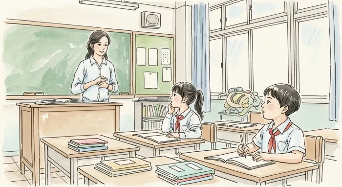 Two elementary students and their teacher studying in a classroom.