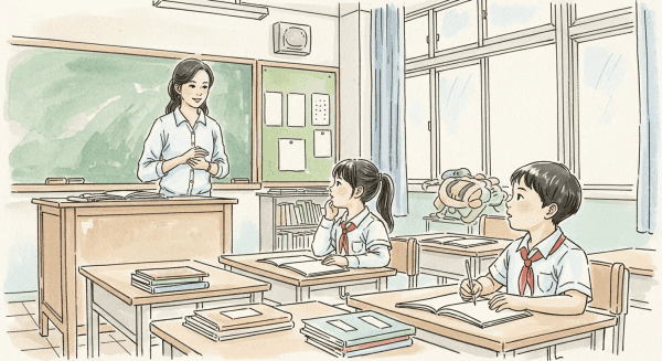 Two elementary students and their teacher studying in a classroom.
