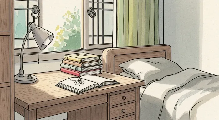 A watercolor drawing of a Korean room with a desk, a bed, and a window. A spider is on a book on the desk.