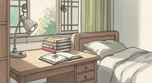 A watercolor drawing of a Korean room with a desk, a bed, and a window. A spider is on a book on the desk.